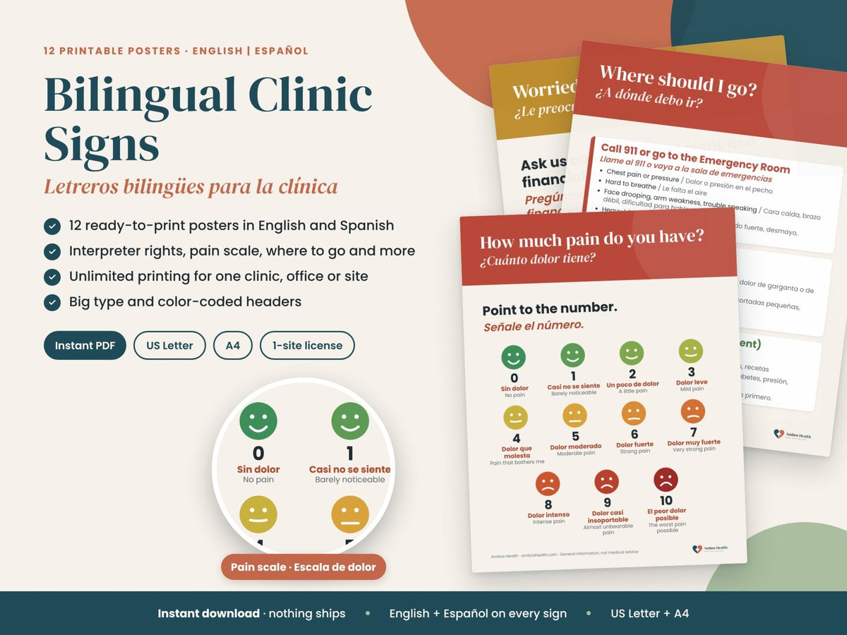 Bilingual Clinic Signs Kit: 12 printable clinic posters, English and Spanish