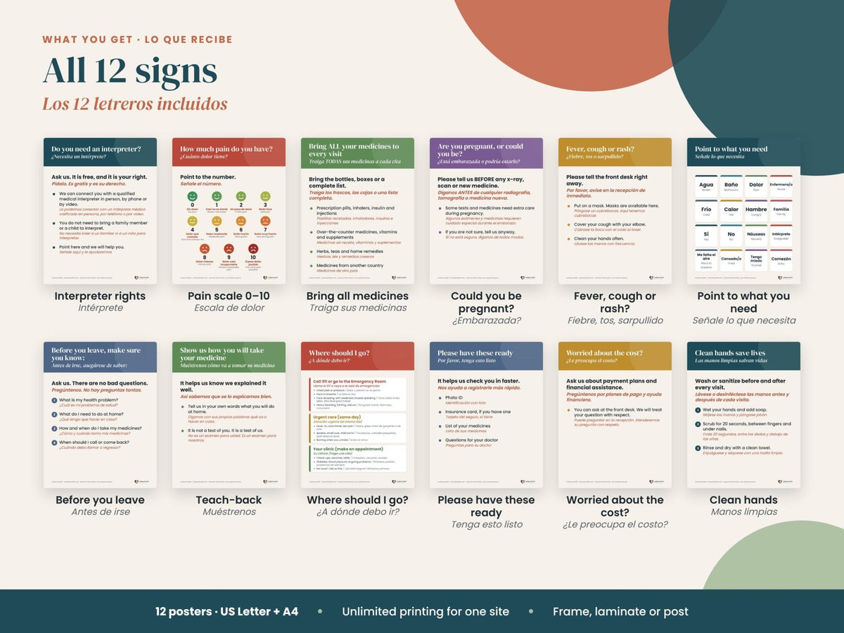 Bilingual Clinic Signs Kit: what's included: 12 signs incl. interpreter and pain scale, English and Spanish
