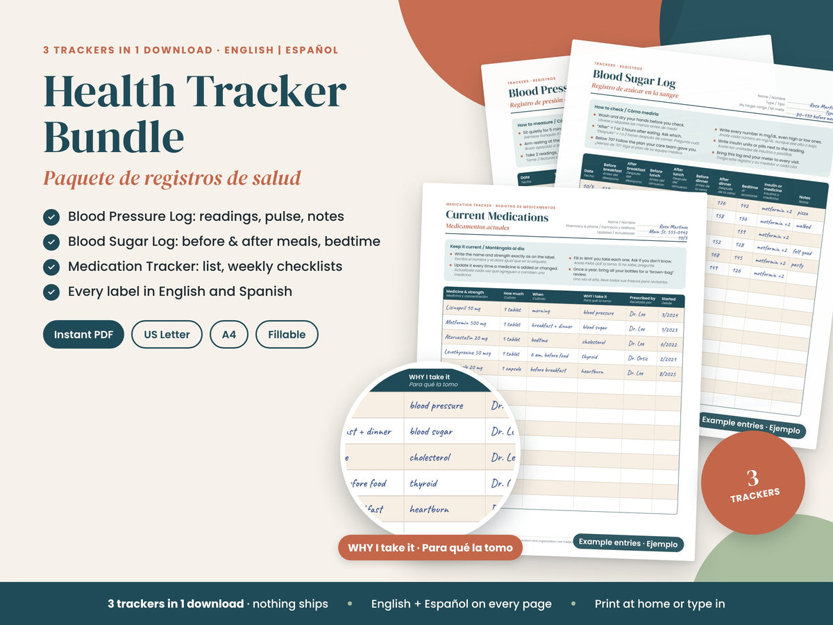Health Tracker Bundle: blood pressure, blood sugar and medication pages, English and Spanish