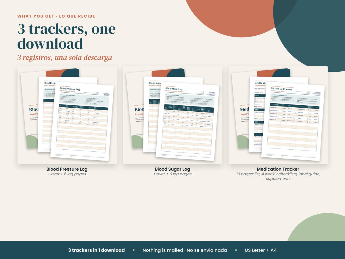 Health Tracker Bundle: what's included: 3 trackers in Letter, A4 and fillable PDF, English and Spanish