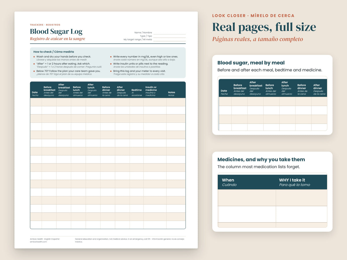 Health Tracker Bundle: close-up of the blood pressure log columns, English and Spanish
