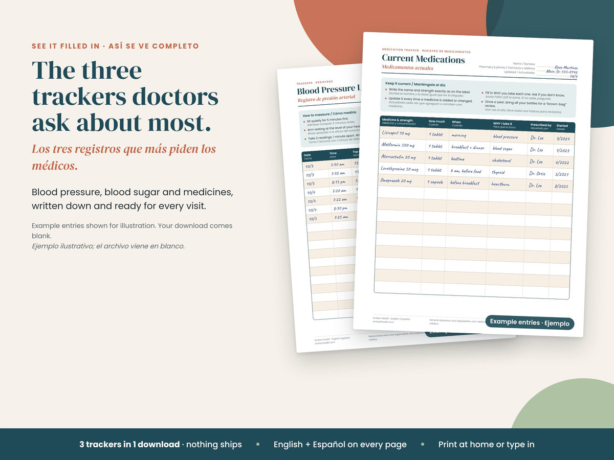 Health Tracker Bundle: trackers filled in with sample readings, English and Spanish