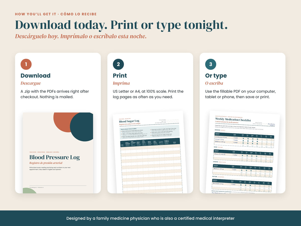 Health Tracker Bundle: download, print or type: Letter, A4 and fillable PDF, English and Spanish