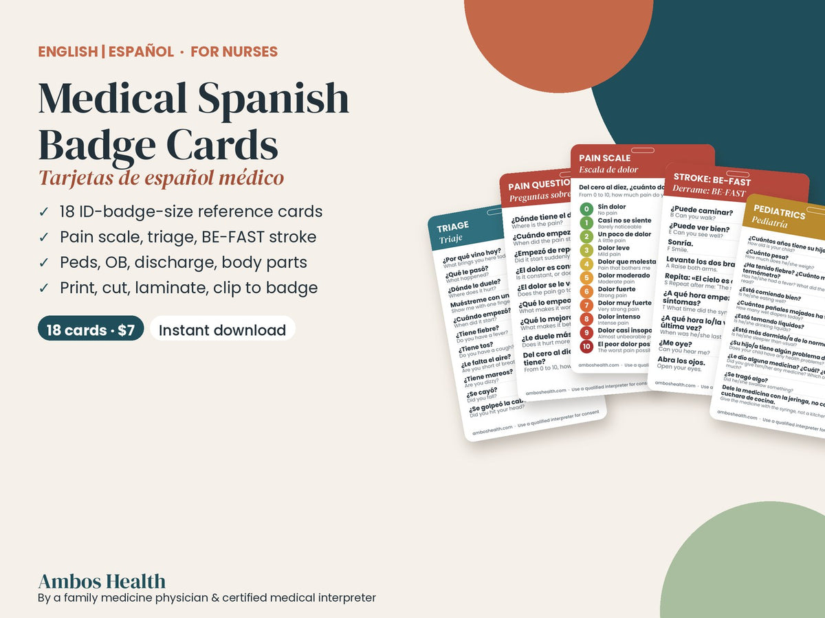 Medical Spanish badge cards for nurses