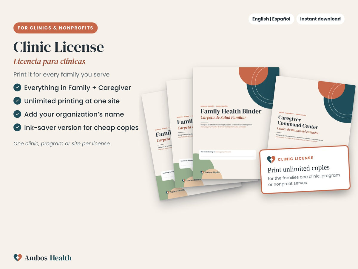 Bilingual English/Spanish patient health binder pages for clinics