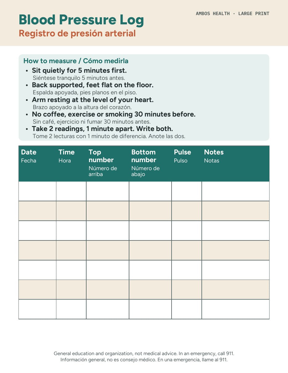 Large print blood pressure log page with how-to-measure steps