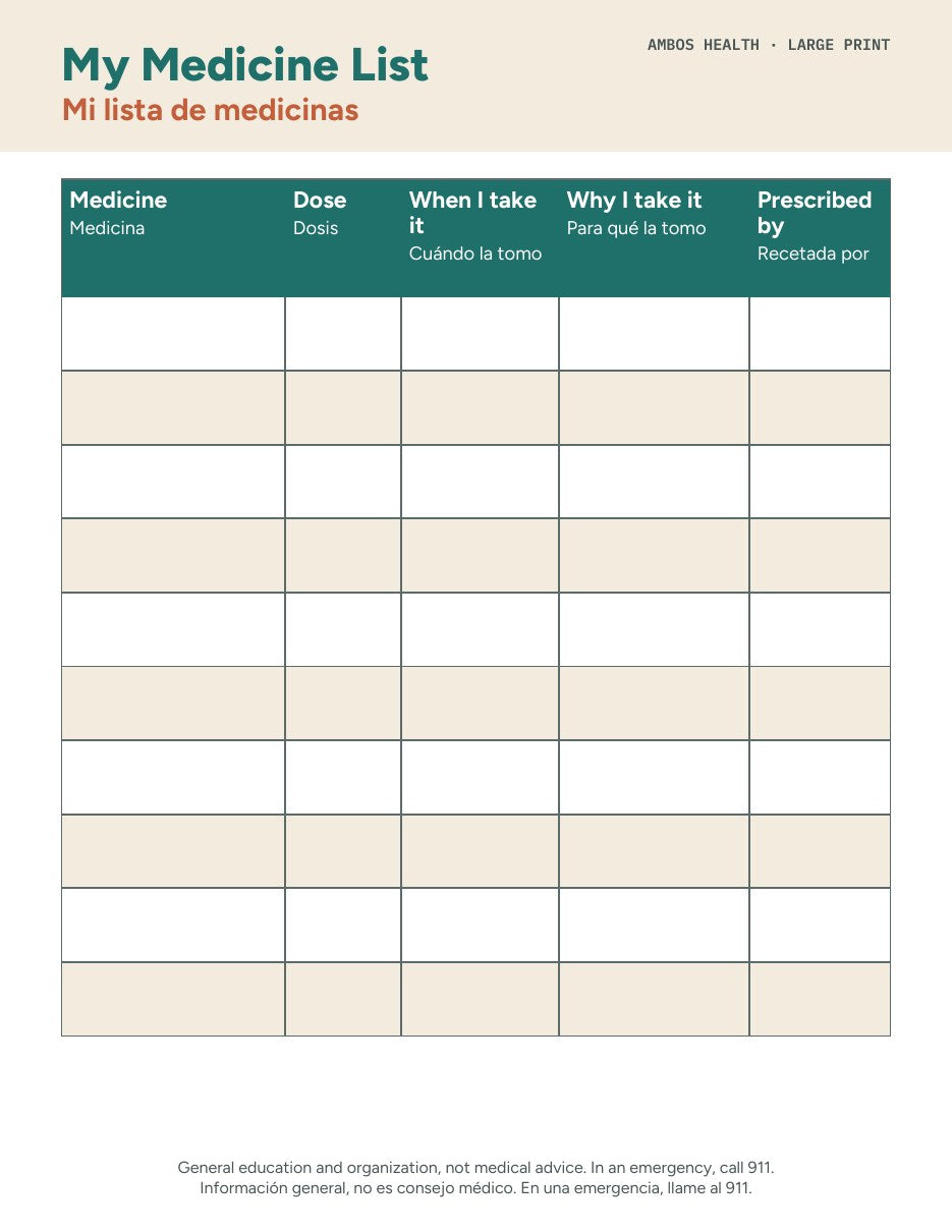 Large print medicine list page