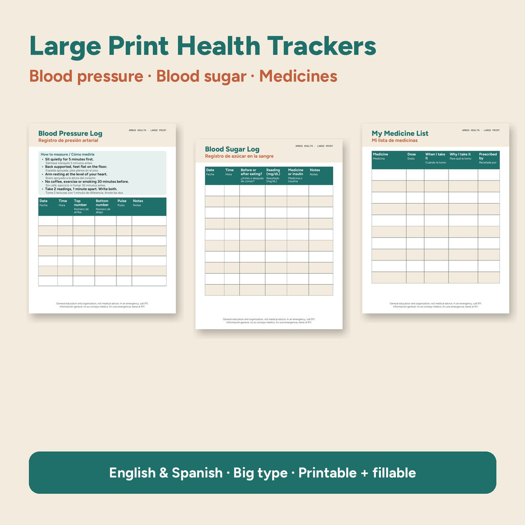 Large print bilingual health trackers: blood pressure, blood sugar and medicines
