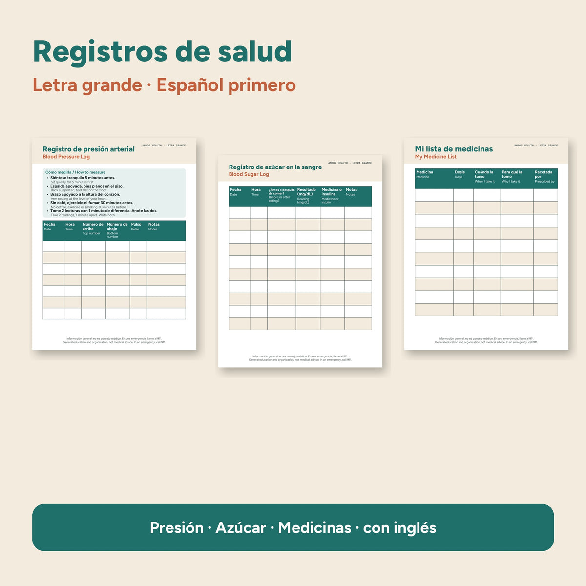 Registros de salud en letra grande, español primero